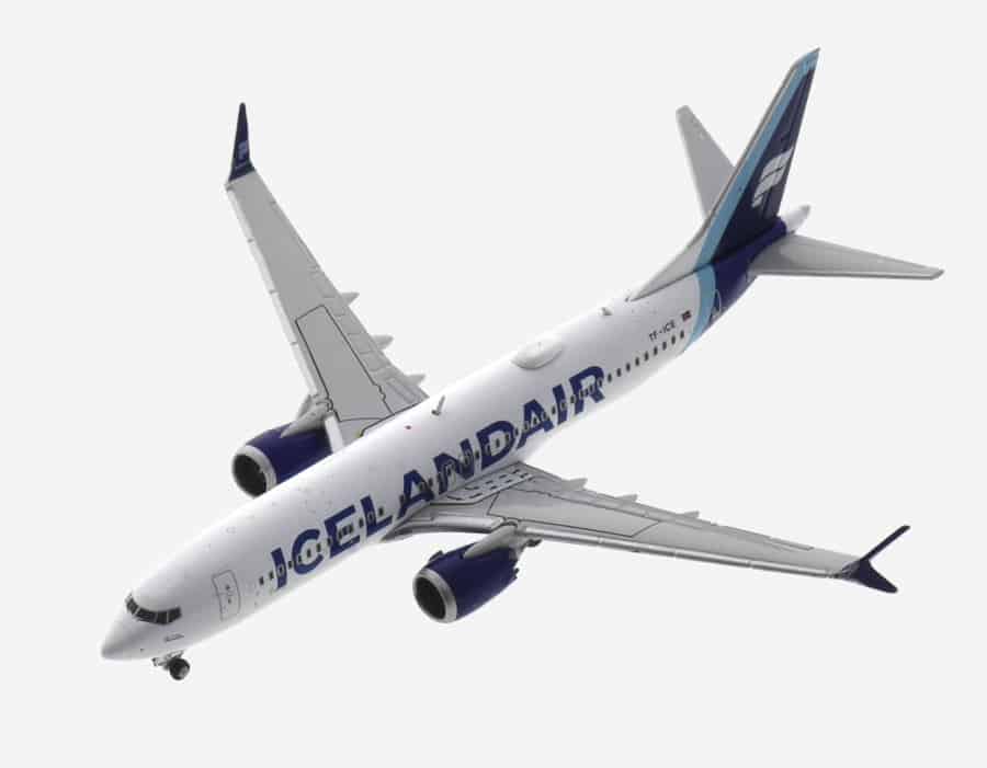 Top view of the  1/400 scale diecast model Boeing 737 MAX 8, registration TF-ICE in Icelandair livery - Gemini Jets GJICE2123